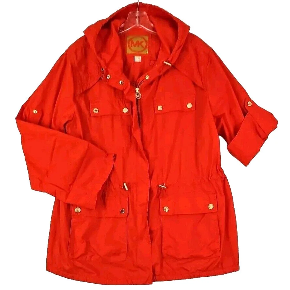 Michael Kors Woman Size L~ Orange Full Zip/Snap Cotton Hood Windbreaker Unlined.